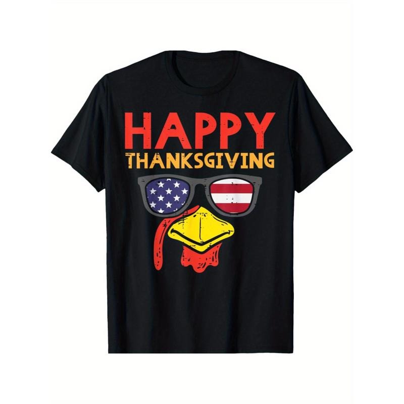 Patriotic Thanksgiving Turkey & American Flag Graphic Tee - Cotton, Crew Neck, Short Sleeve for Men & Women