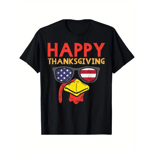 Patriotic Thanksgiving Turkey & American Flag Graphic Tee - Cotton, Crew Neck, Short Sleeve for Men & Women