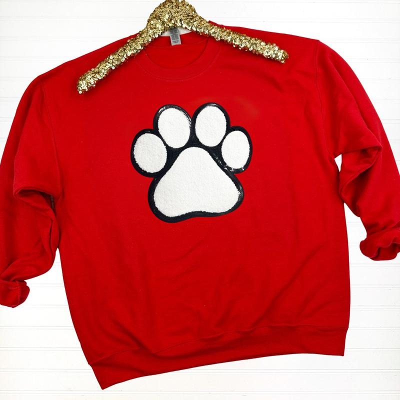 Paw Chenille Sequin Patch Sweatshirt -- RED T-Shirts, Hoodie | WearSparks.com