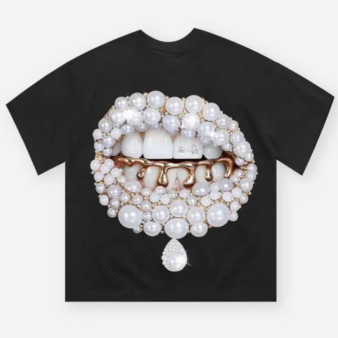 Pearl Grillz Graphic T-Shirt, Glamorous Pearl and Gold Jewelry Design, Bold Lips Art, Y2K-Inspired Bling Fashion, Trendy...