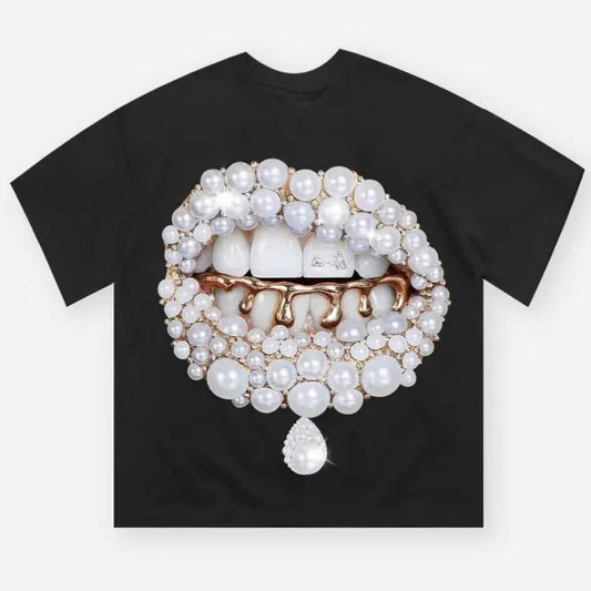 Pearl Grillz Graphic T-Shirt, Glamorous Pearl and Gold Jewelry Design, Bold Lips Art, Y2K-Inspired Bling Fashion, Trendy...