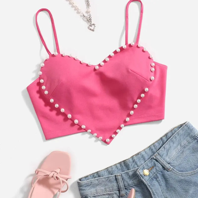 Pearls Sleeveless Asymmetrical Hem Heart Crop Cami Top  Camisole T-Shirts, Hoodie, Sweatshirt | WearSparks.com