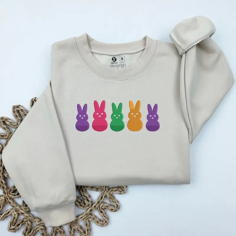 Peeps Easter Bunny Embroidered Sweatshirt, Easter Peeps Sweatshirt, Women's Easter Bunny Crewneck, Cute Spring Rabbit...