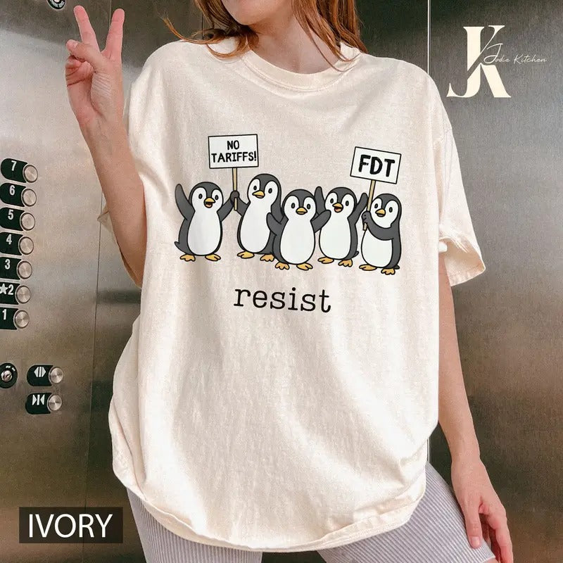 Penguins Against Tariffs Resist Comfort Colors Shirt, FDT Anti Trump Inflation Tee, Anti Billionaires, Democratic...
