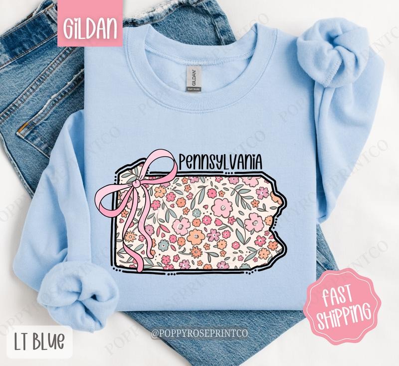 Pennsylvania Floral Bow Gildan Sweatshirt, Cute Trendy State Coquette Pullover T-Shirts, Hoodie | WearSparks.com