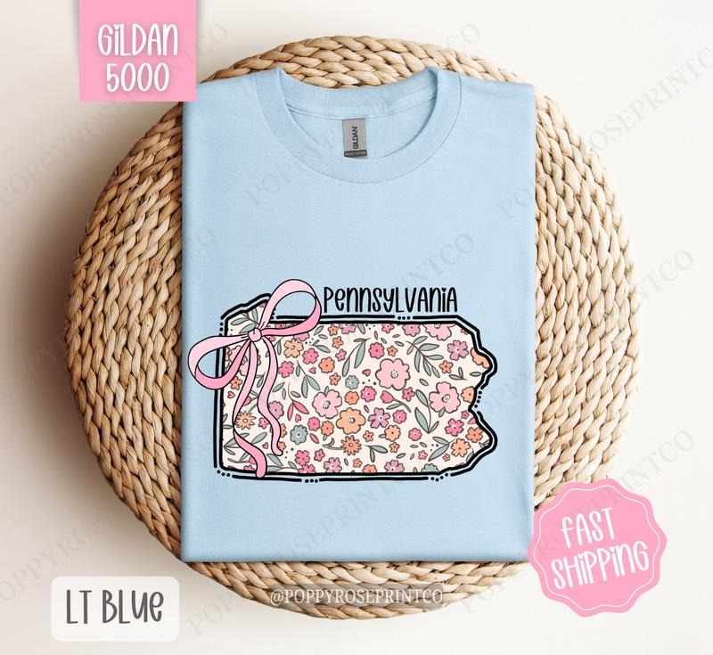 Pennsylvania Floral Bow Gildan T-shirt, Cute Trendy Tee, State Coquette Oversized Top Hoodie, Sweatshirt | WearSparks.com