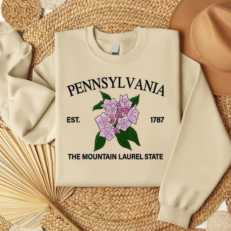 Pennsylvania Mountain Laurel Embroidered State Flower Sweatshirt, Hometown Embroidered Shirt, Favorite Flower Embroidered...