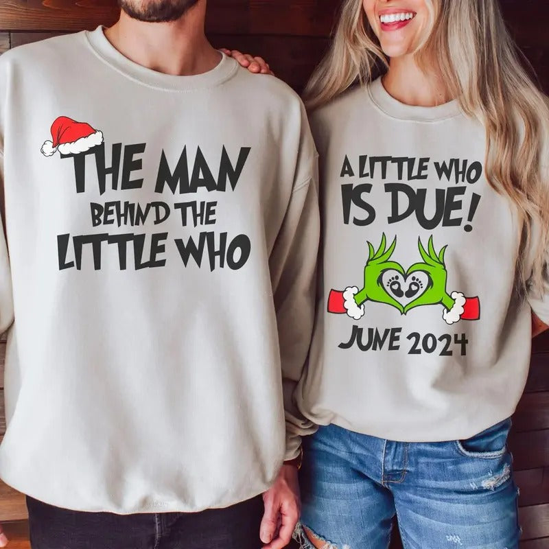 Personalized A Little Who Is Due Couple Sweatshirt, Mommy To Be Shirt, New Dad Shirt, Christmas Pregnancy Reveal...