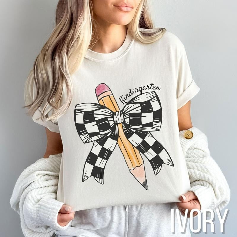 Personalized Back to School Teacher Comfort Colors Shirt, Retro Teacher Coquette Pencil Bow Tee, Customized Name Teacher...