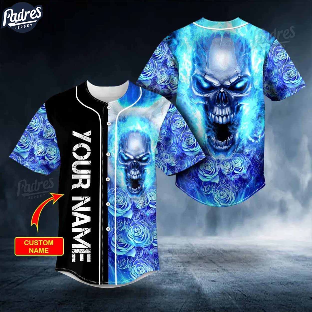 Personalized Blue Rose Burning Skull Baseball Jersey - Padres Jersey Oasis: Elevate Your Baseball Style Game T-Shirts,...
