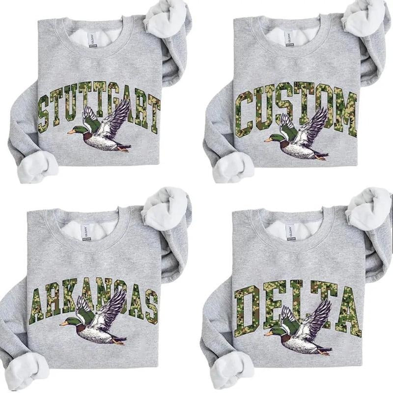Personalized Camo Flying Mallard Duck State Name Hunting Camouflage Unisex Vintage Pullover Sweatshirt Personalize,...