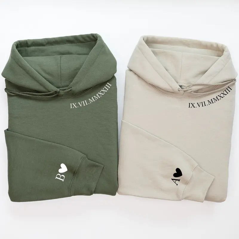 Personalized Custom Roman Numeral Hoodie for Couples - Date & Initial on Sleeve Neckline - Unisex Sweatshirt & Hoodie -...