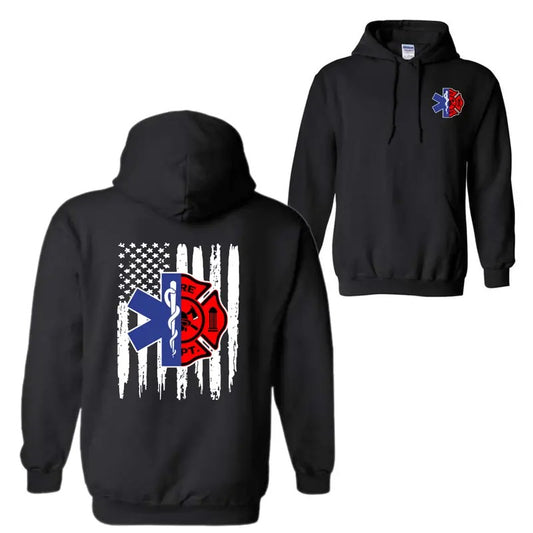 Personalized EMT Firefighter Hoodie - EMS & Firefighter Shirt with American Flag, Star of Life, Fire Department Design