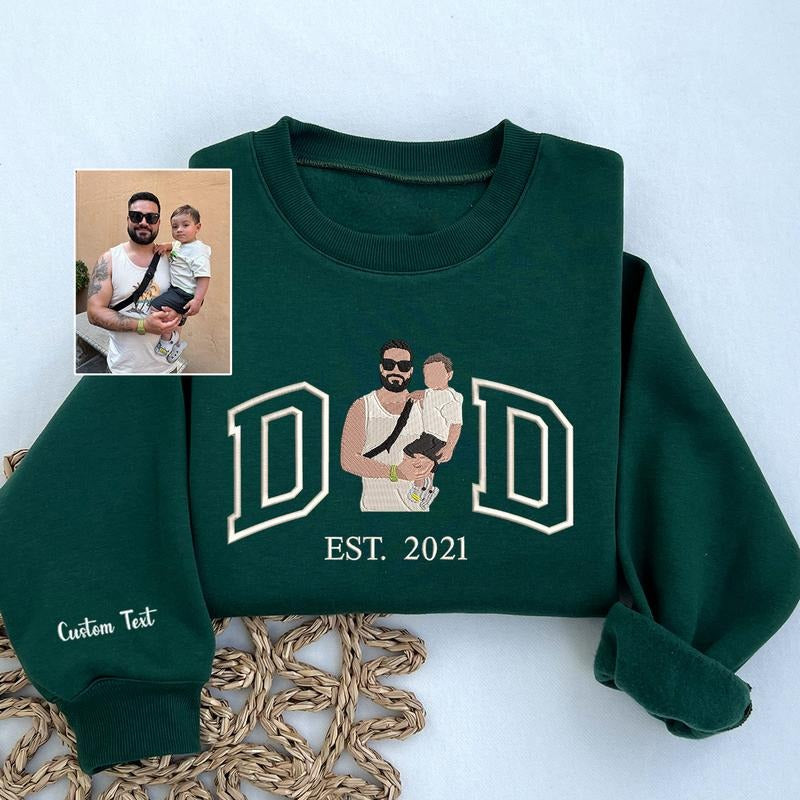 Personalized Embroidered Dad Portrait Sweatshirt, Custom Father's Day Portrait Crewneck, New Dad Gift, Gift for Husband,...