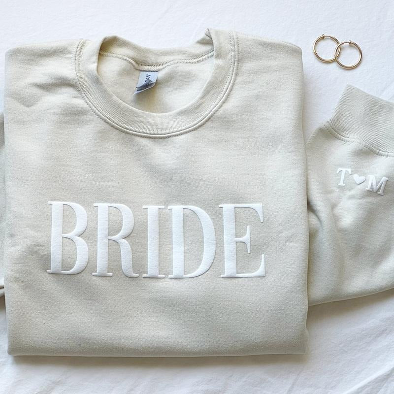 Personalized Gift For Bride, Bride Puff Print Sweatshirt, Initial Heart Sleeve, Engagement Gift, Unique Bridal Shower...