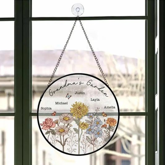 Personalized Grandkids' Names Birth Month Flower Stained Glass Window Hanging Suncatcher, Grandma's Garden, Mother's Day...