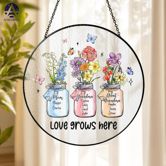 Personalized Great Grandma Gift, First Mom Now Grandma Glass Suncatcher,Custom Birth Month Flower Suncatcher, Mother's...