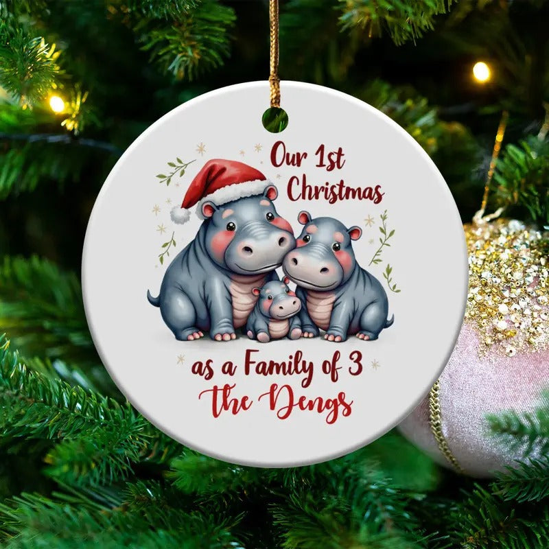 Personalized Hippo Family Ornament, Our 1st Christmas as Family of 3, Cute Holiday Keepsake, First Christmas Decoration...