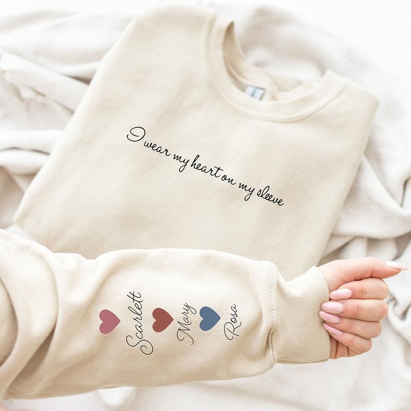 Personalized I Wear My Heart On My Sleeve Sweatshirt & Hoodie, Gift for Mom, Mama Sweatshirt with Children Name on...
