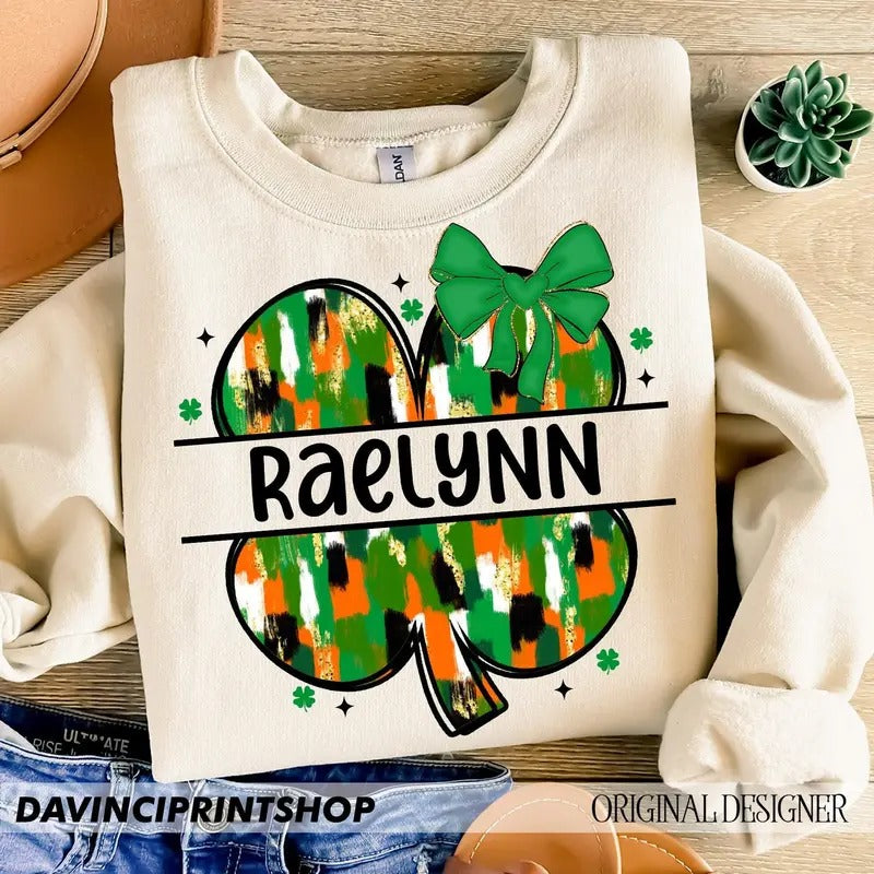 Personalized Kid Name St Patricks Day Custom St Patricks Girls St Patrick Brushstroke Shamrock St Patricks Clover...