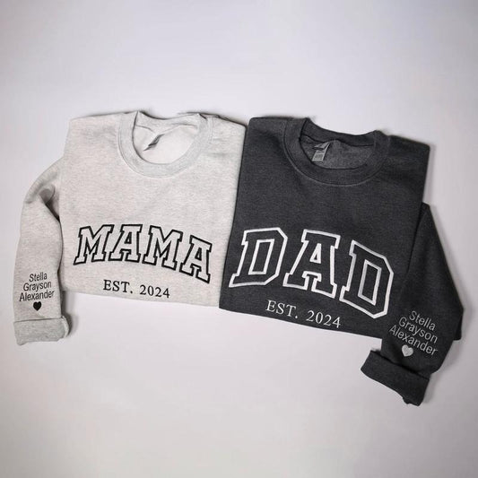 Personalized Mama Dad Embroidered Sweatshirt With Kids Names On Sleeve, Custom Matching Family Dad & Mom Embroidery...