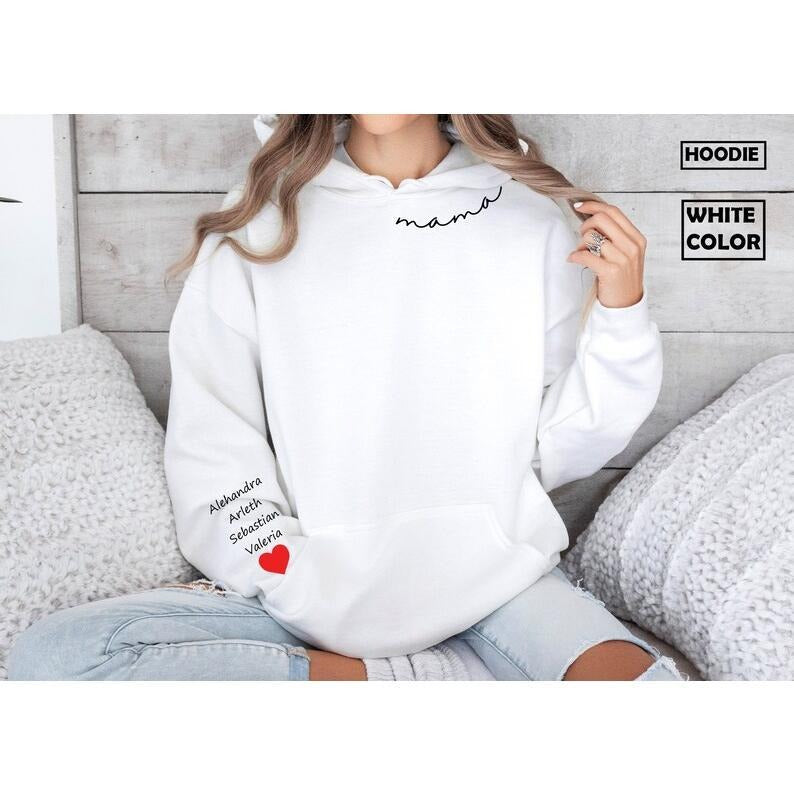 Personalized Mama Neckline Sweatershirt with Custom Name on Sleeve, Mom Lounge Hoodie, Kids name arm cuff with heart, Mom...