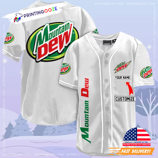 Personalized Mountain Dew Mtn Dew Soft Drink White Baseball Jersey