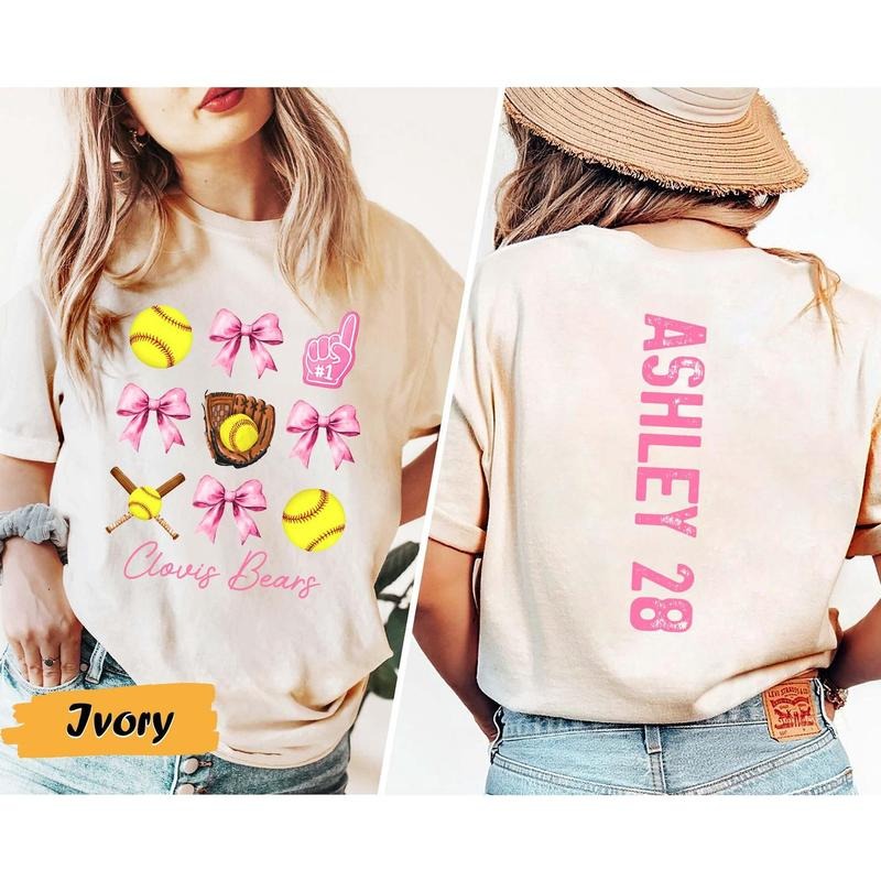 Personalized Softball Mama Shirt with Bow Team Mom T Shirt with Kid Name number,  Custom J1r.sey Softball Coquette...