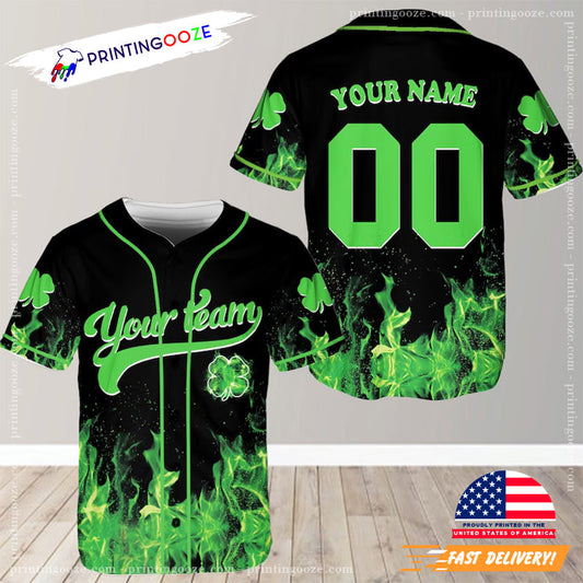 Personalized St. Patrick’s Day Shamrock On Fire Baseball Jersey