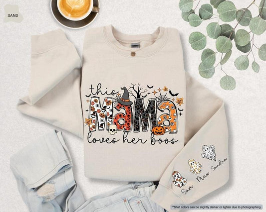 Personalized This Mama Loves Her Boos Halloween Sweatshirt, Custom Kid's Name on Sleeve, Spooky Season Mama Fall Season...