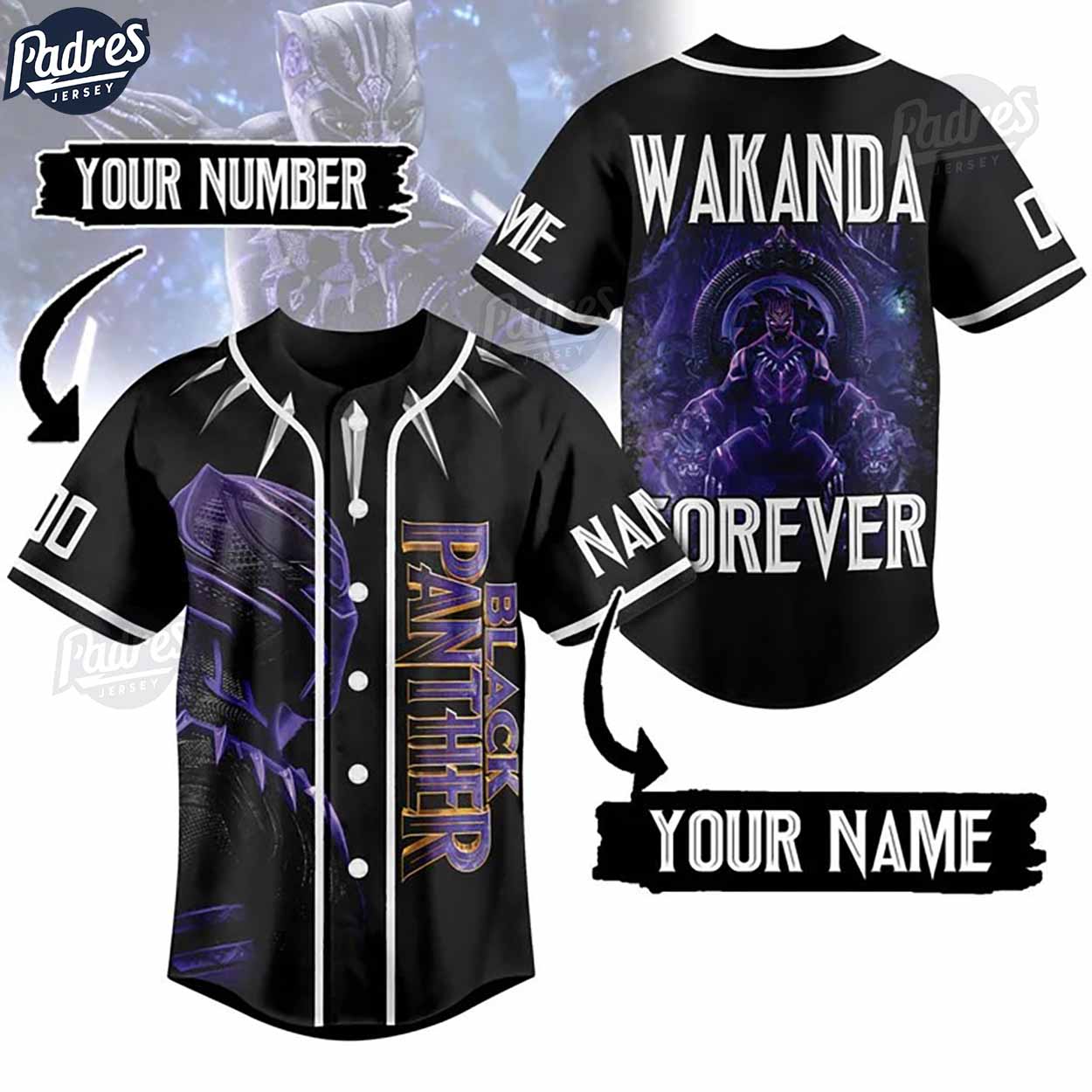 Personalized Wakanda Forever Black Panther Baseball Jersey - Padres Jersey Oasis: Elevate Your Baseball Style... (Image 1)