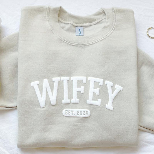 Personalized Wifey Puff Print Sweatshirt, Wedding Gift, Gift for Bride, New Wife Sweatshirt, Unique Bridal Shower Gift,...