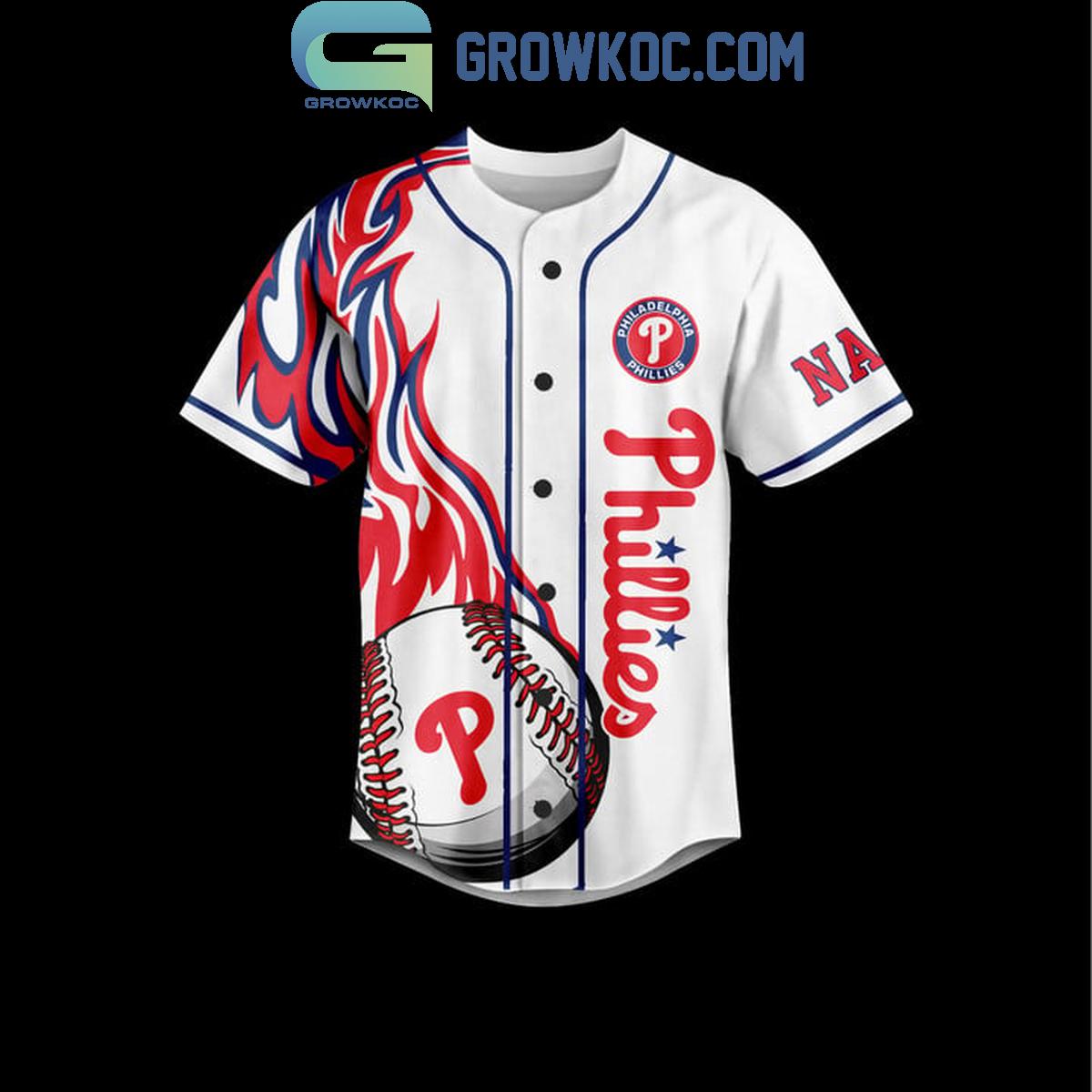 Philadelphia Phillies Fightin’ Phils Flames Personalized Baseball Jersey