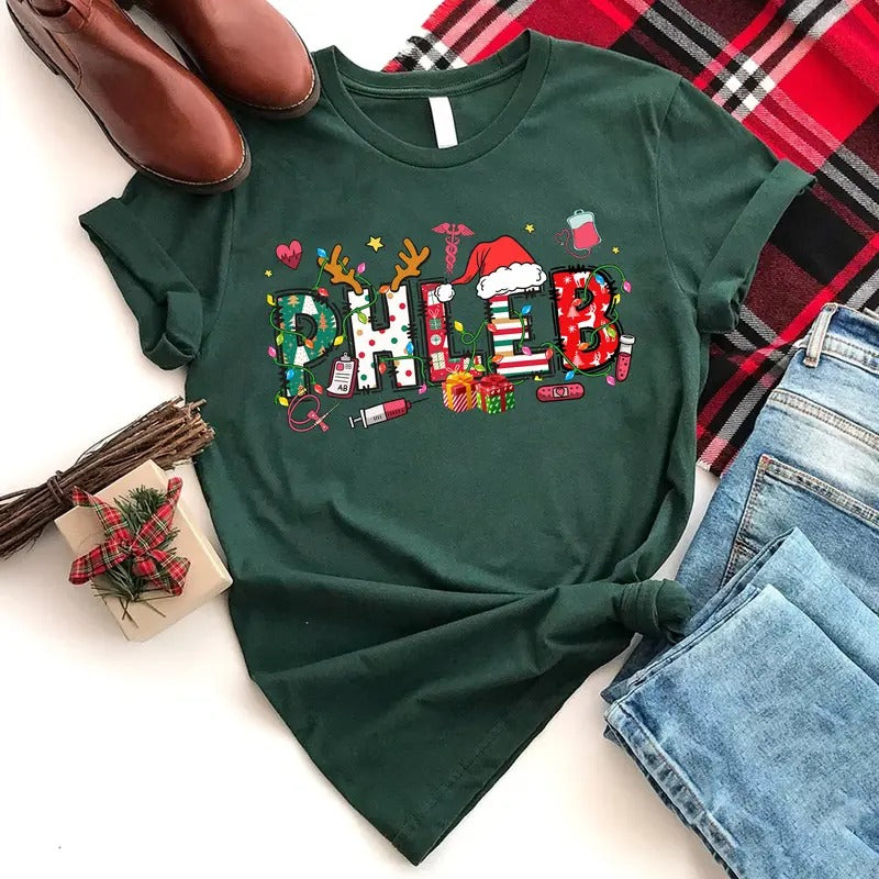 Phlebotomist Christmas T-shirt, Christmas Phlebotomist Nurse Shirt, Holiday Phleb Tee, Christmas Gift for Phlebotomist...