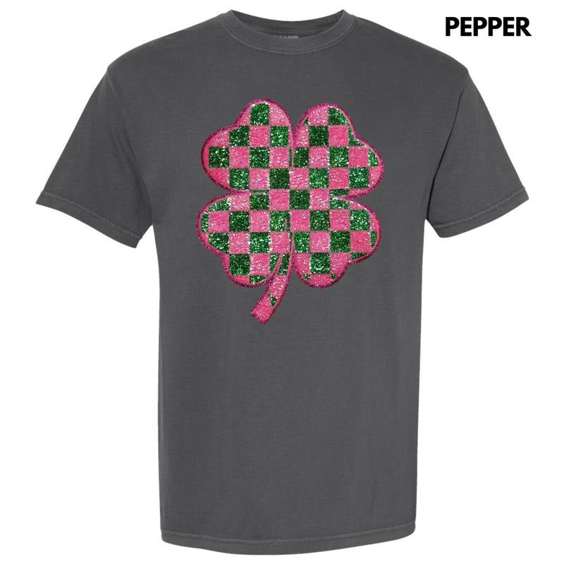 Pink & Green Checkered Shamrock Patch Comfort Colors T-Shirt Hoodie, Sweatshirt | WearSparks.com