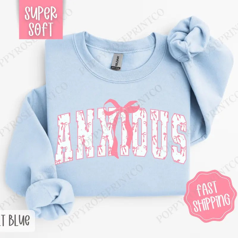 Pink Anxious Bow Sweatshirt, Women's Crewneck, Cute Women's Sweater T-Shirts, Hoodie | WearSparks.com
