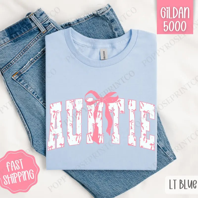 Pink Auntie Bow Shirt Gildan, Women's Tee, Cute Women's Tshirt Plus Sizes Hoodie, Sweatshirt | WearSparks.com