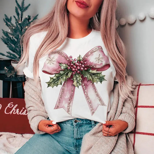 Pink Bow Christmas Sweatshirt, Coquette Pink Bow Christmas T-Shirt, Coquette Bow Xmas Sweater, Girly Christmas Shirt Hoodie