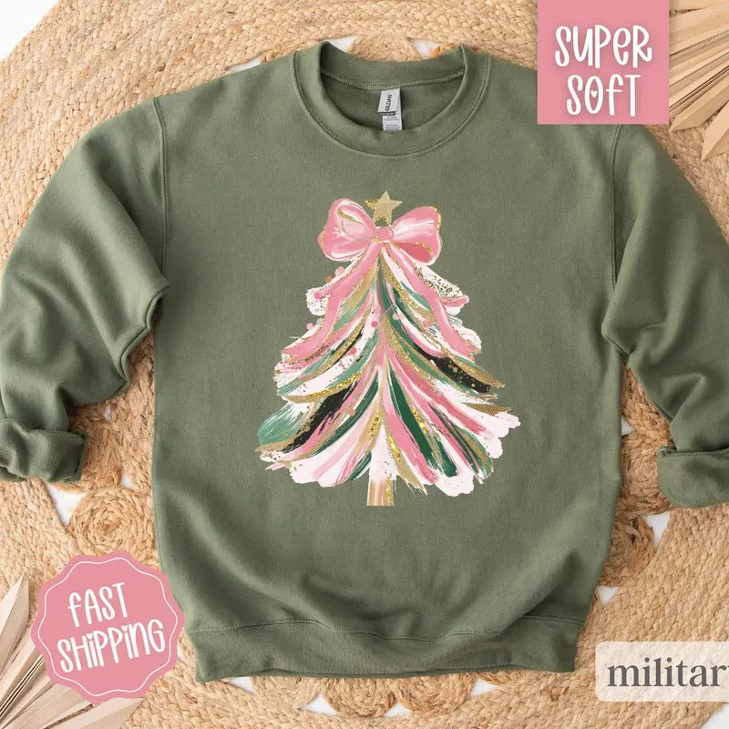Pink Bow Christmas Tree Sweatshirt, Coquette Christmas Tree Crewneck,  Women's Holiday Sweater T-Shirts, Hoodie