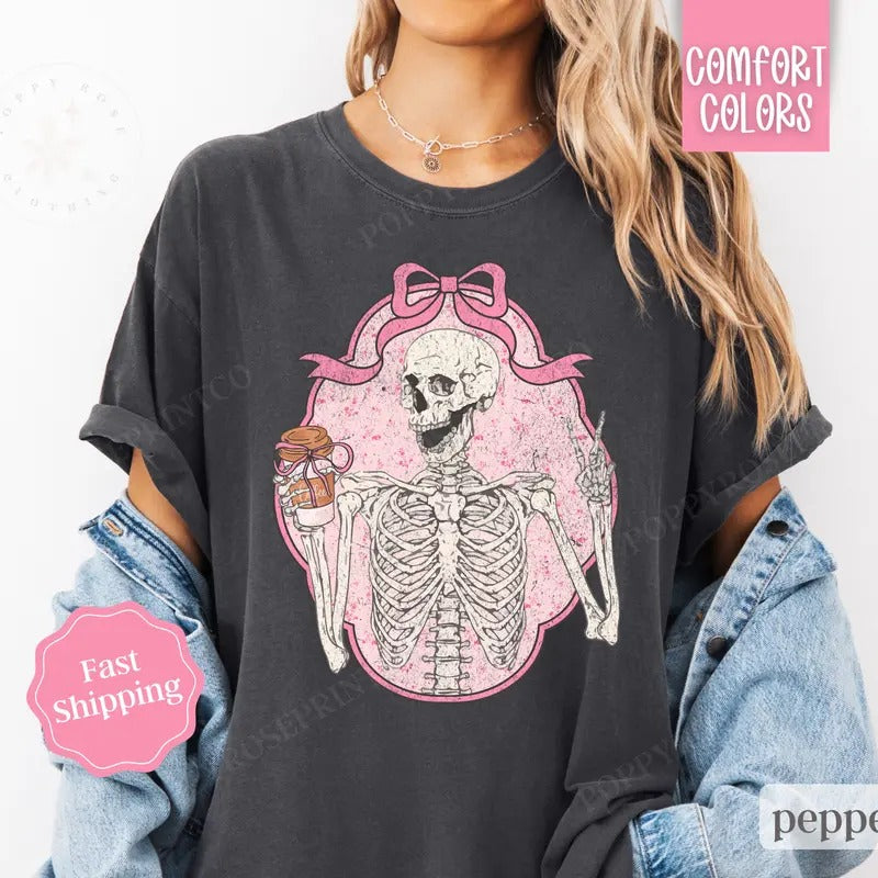 Pink Bow Skeleton Shirt Comfort Colors, Coquette Halloween Tshirt, Coffee Lover Tee Hoodie, Sweatshirt | WearSparks.com