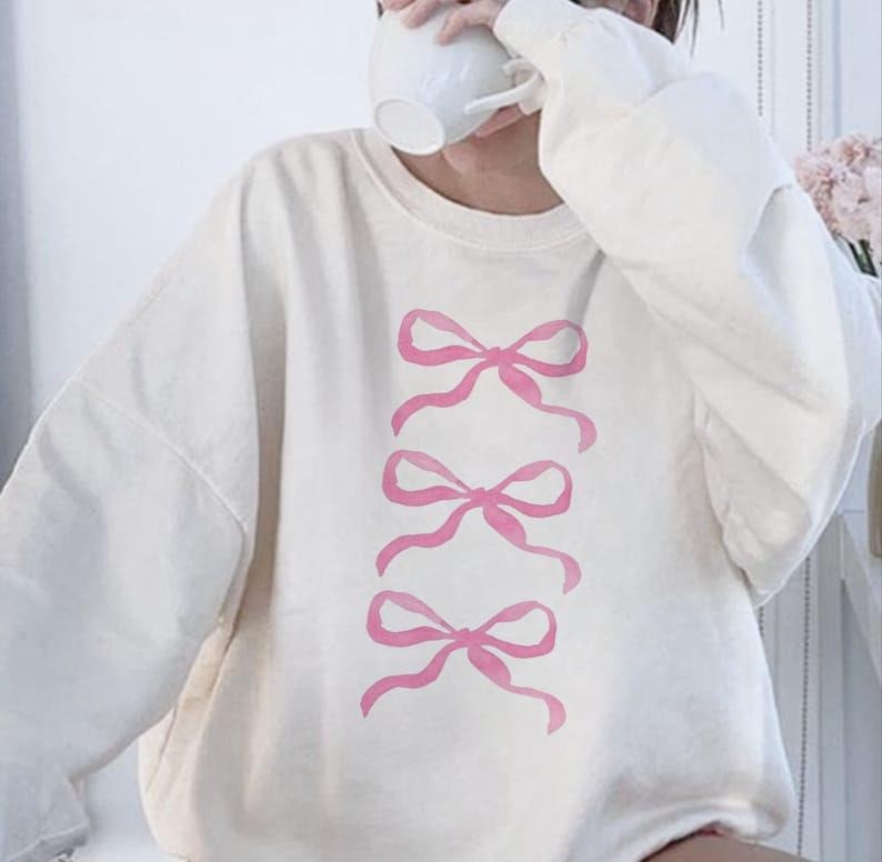 Pink Bow Sweatshirt, Trendy Pink Ribbon Bow Crewneck, Sweatshirt for Women With Bows T-Shirts, Hoodie | WearSparks.com