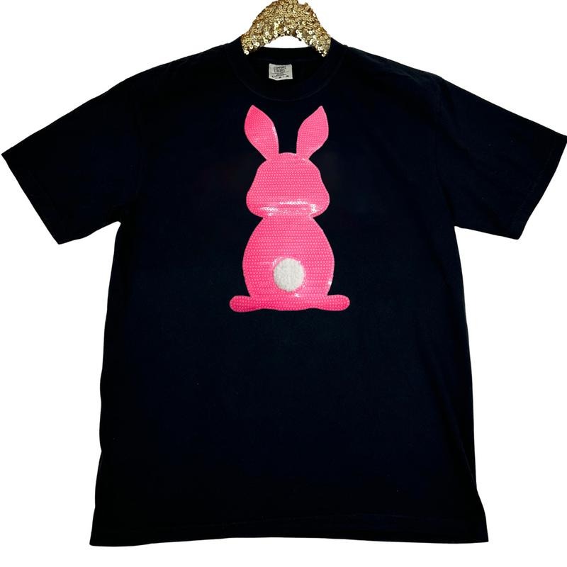 Pink Bunny Sequin Patch Comfort Colors T-Shirt -- BLACK Hoodie, Sweatshirt | WearSparks.com