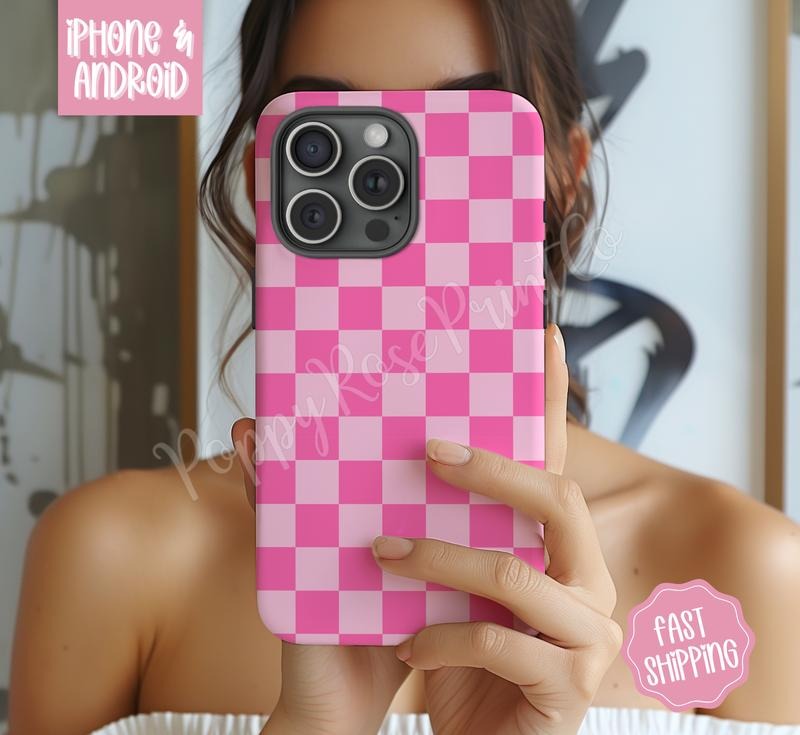 Pink Checkered Phone Case Mag Safe Compatible Magnetic Tough Case T-Shirts, Hoodie, Sweatshirt | WearSparks.com