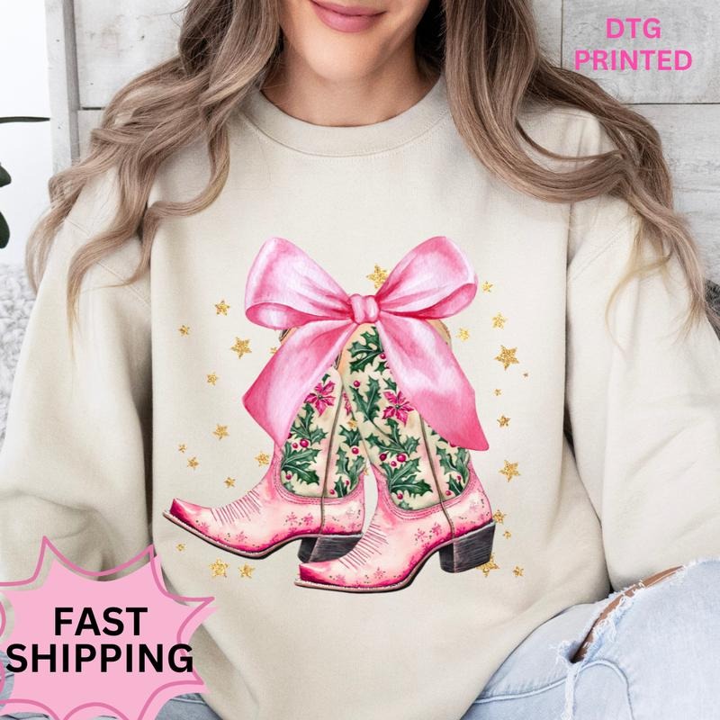 Pink Christmas Boots Christmas Sweatshirt Winter Graphic Long Sleeve Casual Cotton Polyester Oversized sweatshirt -...