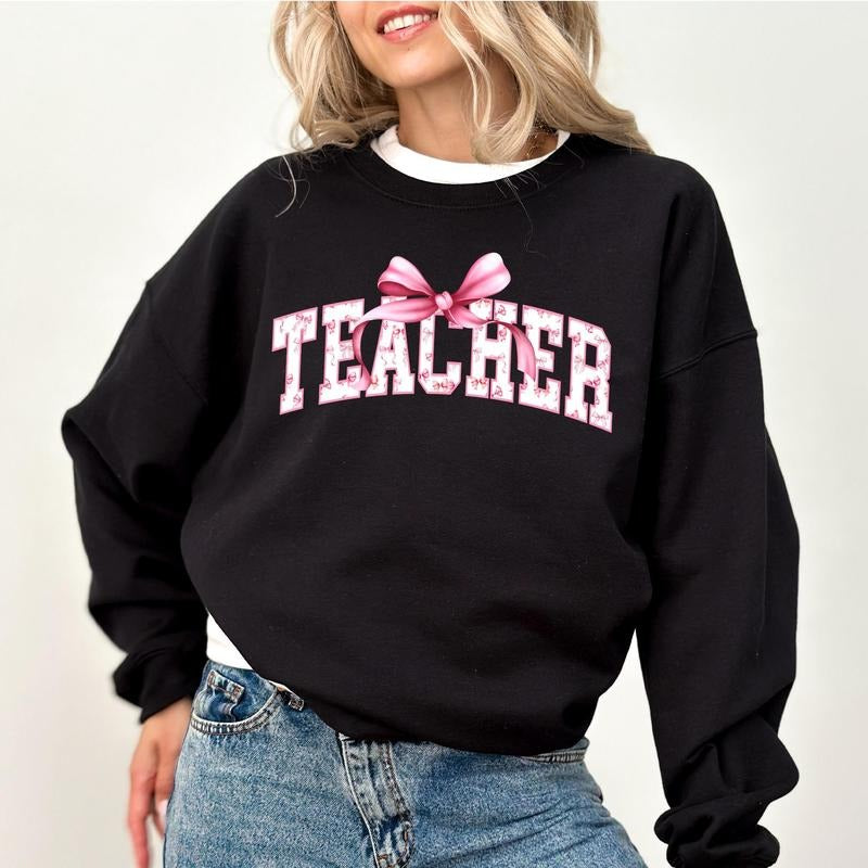 Pink Coquette Bow Teacher Sweatshirt, Varsity Teacher Crewneck, Coquette Bow Sweater, Teacher Gift Shirt, Back To School...