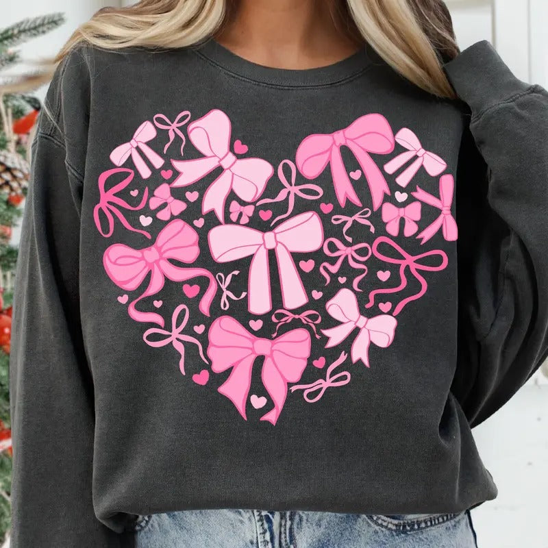 Pink Coquette Heart Valentine Sweatshirt, Girls Valentine Day Bow Sweatshirt, Gift For Her, Girls Valentine Sweatshirt...
