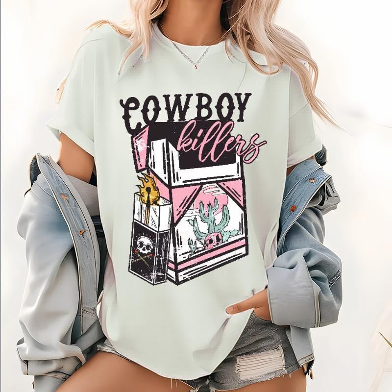 Pink Cowgirl Killer Pattern T Shirt, Western Graphic Tops, Cowgirl Tee, Western Rodeo Print T-Shirt, Cowgirl Doll Shirt,...