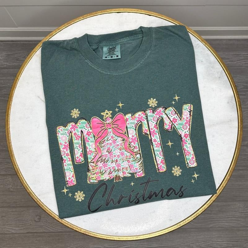 Pink Ditsy Floral Merry Christmas Comfort Colors T-Shirt 'NLB Hoodie, Sweatshirt | WearSparks.com