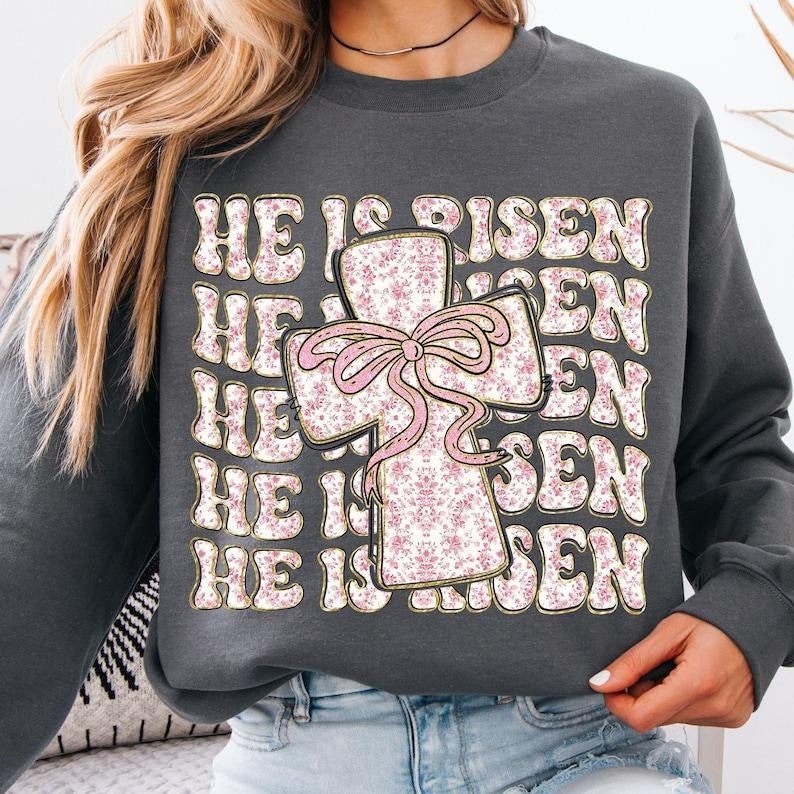 Pink Floral Chinoiserie Christian Easter , He is Risen , Grand Millennial Easter , Pink Toile Easter Cross , Easter...