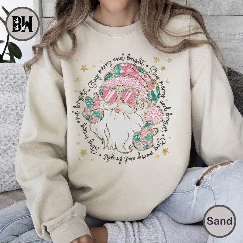 Pink Floral Glitter Santa Sweatshirt, Glitter Santa Claus Sweatshirt, Pink Christmas Sweatshirt, Pink Preppy Christmas...